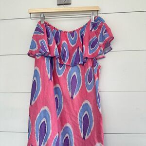 Nimo Women’s Medium Pink Patterned Linen One Shoulder Ikat Dress